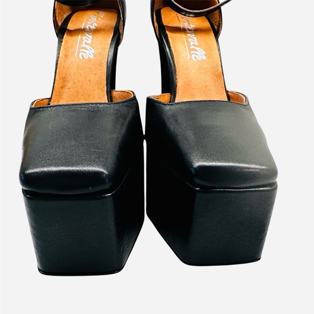 L'INTERVALLE Cabaret Black Leather Platform Shoes Block Heels square toe size 37 - Picture 5 of 13